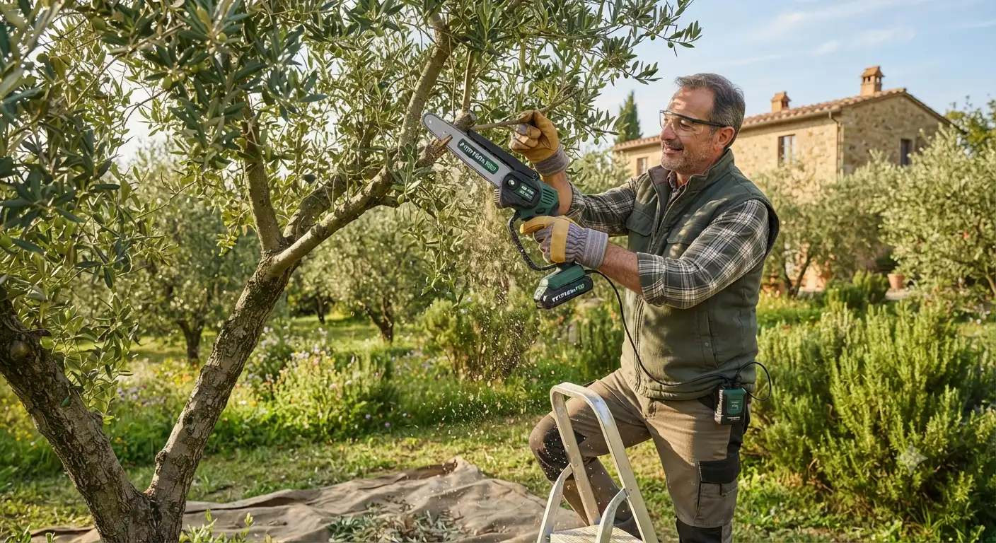 Motosega a batteria leggera e maneggevole ideale per la potatura di rami e alberi in giardino