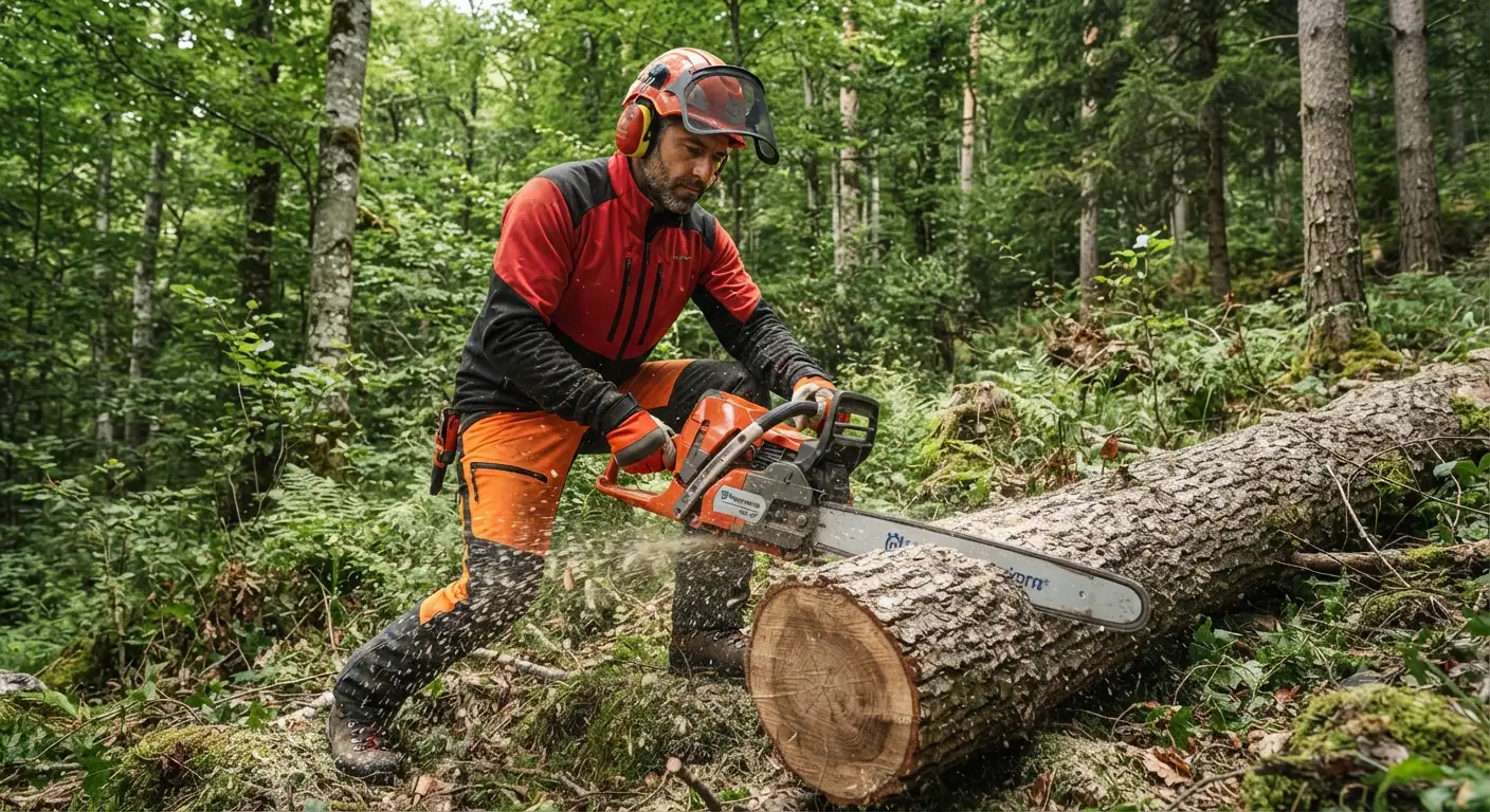 Motosega a scoppio professionale in azione durante il taglio della legna nel bosco