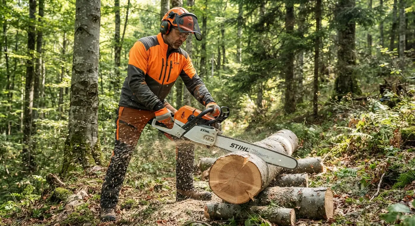 Motosega Stihl professionale in azione durante il taglio della legna nel bosco