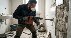 Operaio che rimuove piastrelle da una parete utilizzando un tassellatore in modalita scalpellatore