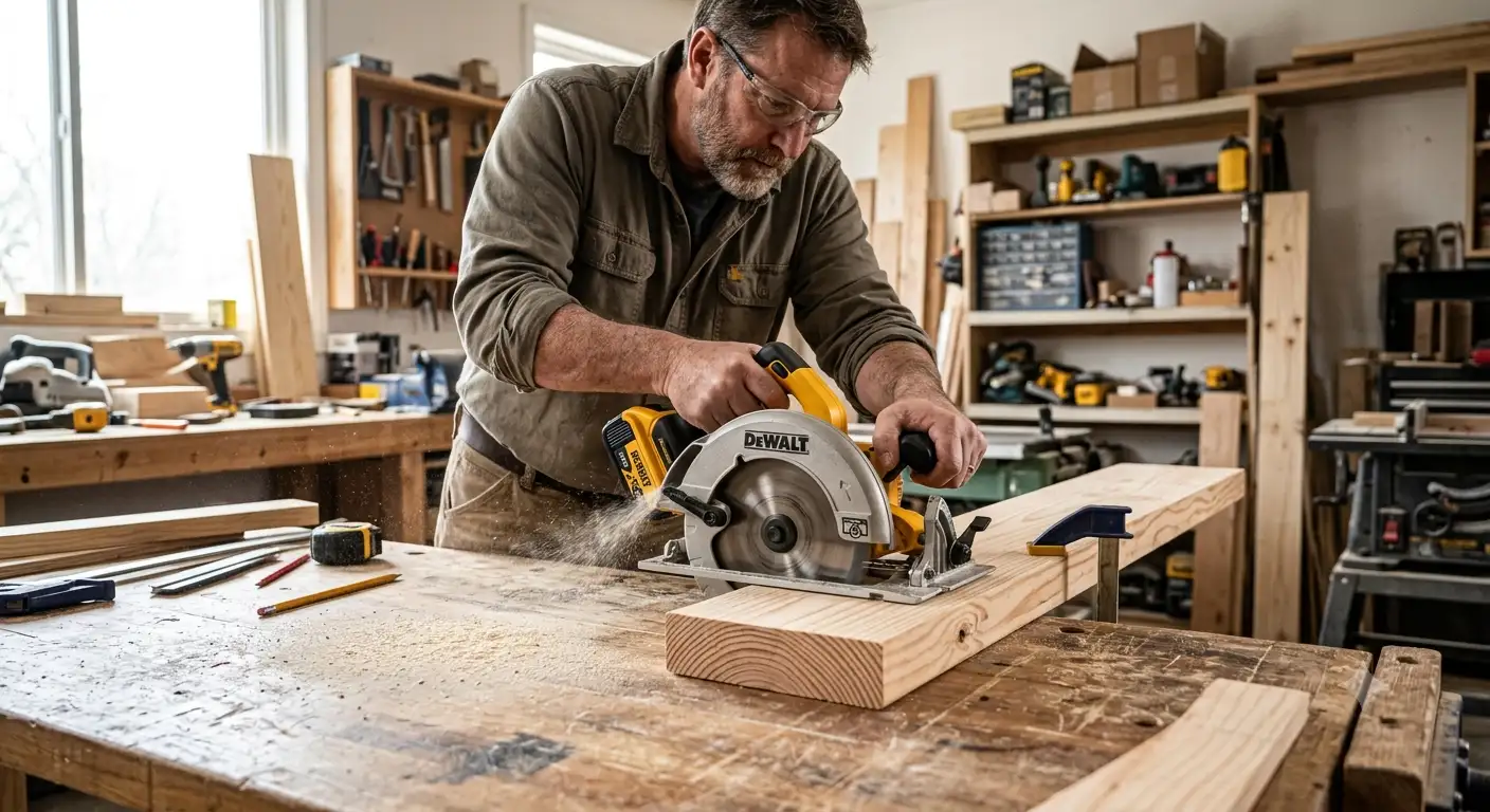 Sega circolare a batteria utilizzata da un artigiano su un banco da lavoro per il taglio del legno