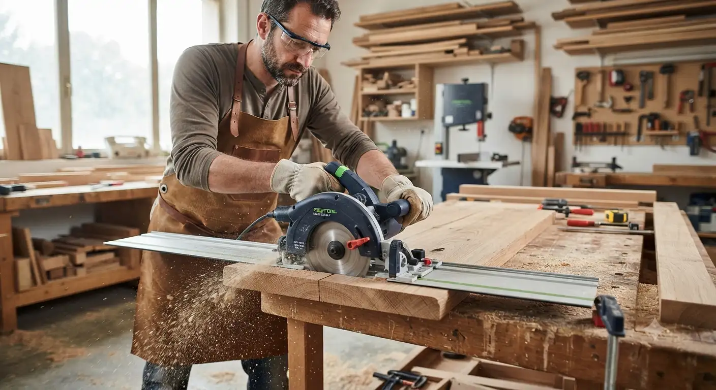 Sega circolare professionale mentre taglia una tavola di legno in laboratorio