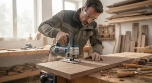 Sega elettrica alternativa in azione per eseguire tagli curvi e sagomati su superfici di legno