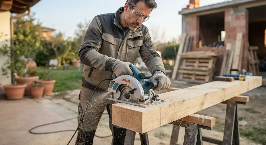 Sega elettrica portatile ideale per tagliare il legno in modo preciso e veloce in giardino o in cantiere