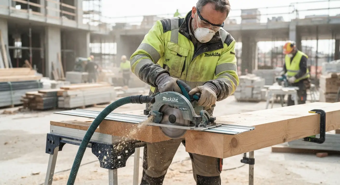 Sega Makita professionale utilizzata per tagli precisi su legno in cantiere