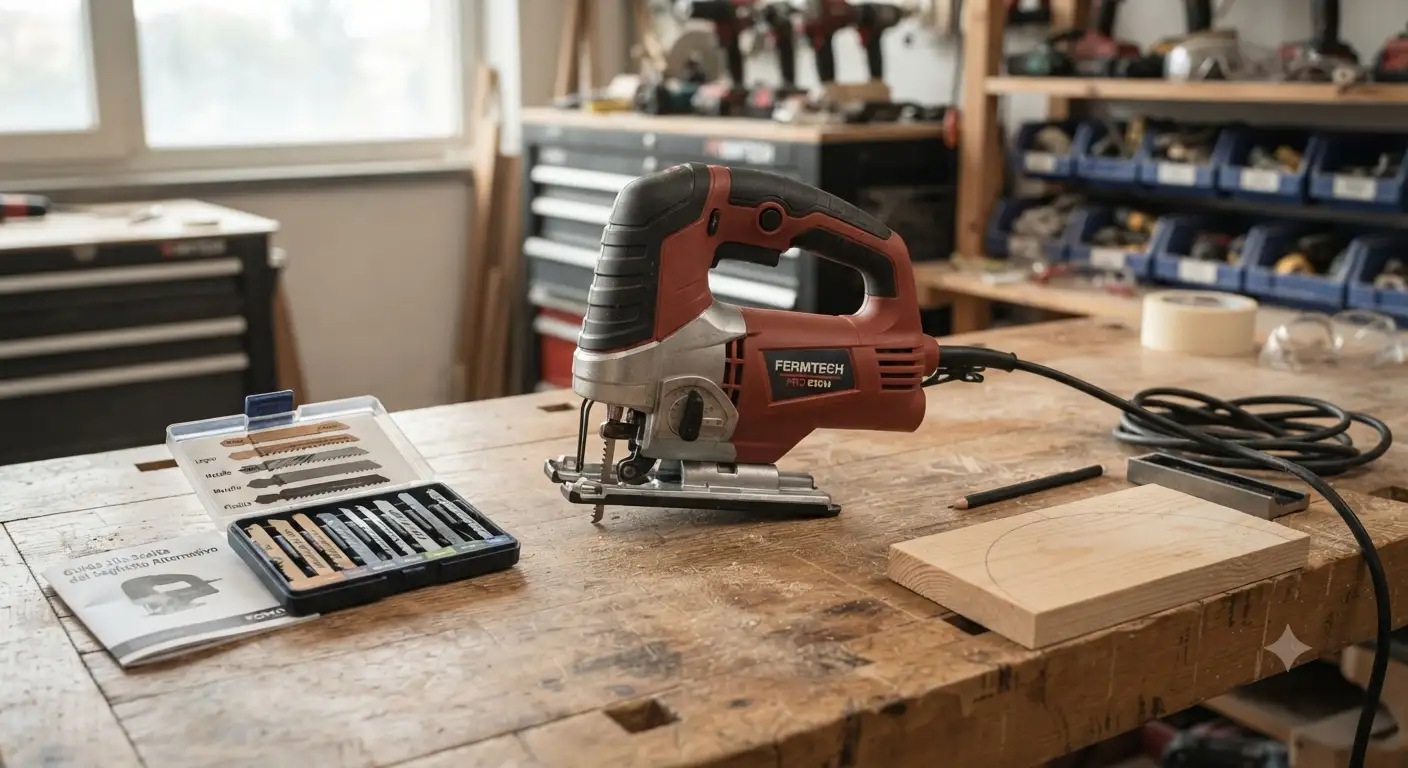 Seghetto alternativo professionale appoggiato su un banco da lavoro in legno con accessori