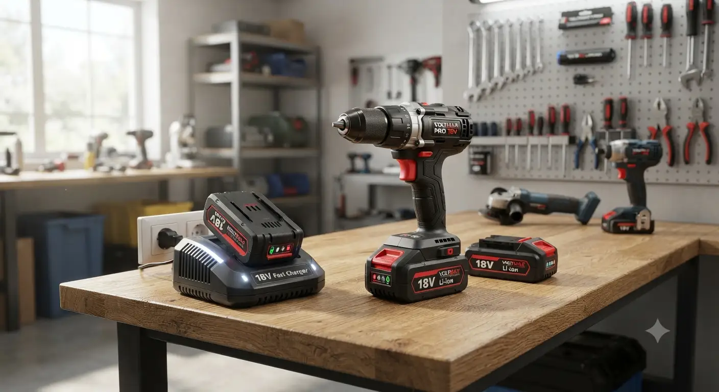 Panoramica di un moderno sistema batteria 18V professionale poggiato su un banco da lavoro in legno con utensili da lavoro sullo sfondo.
