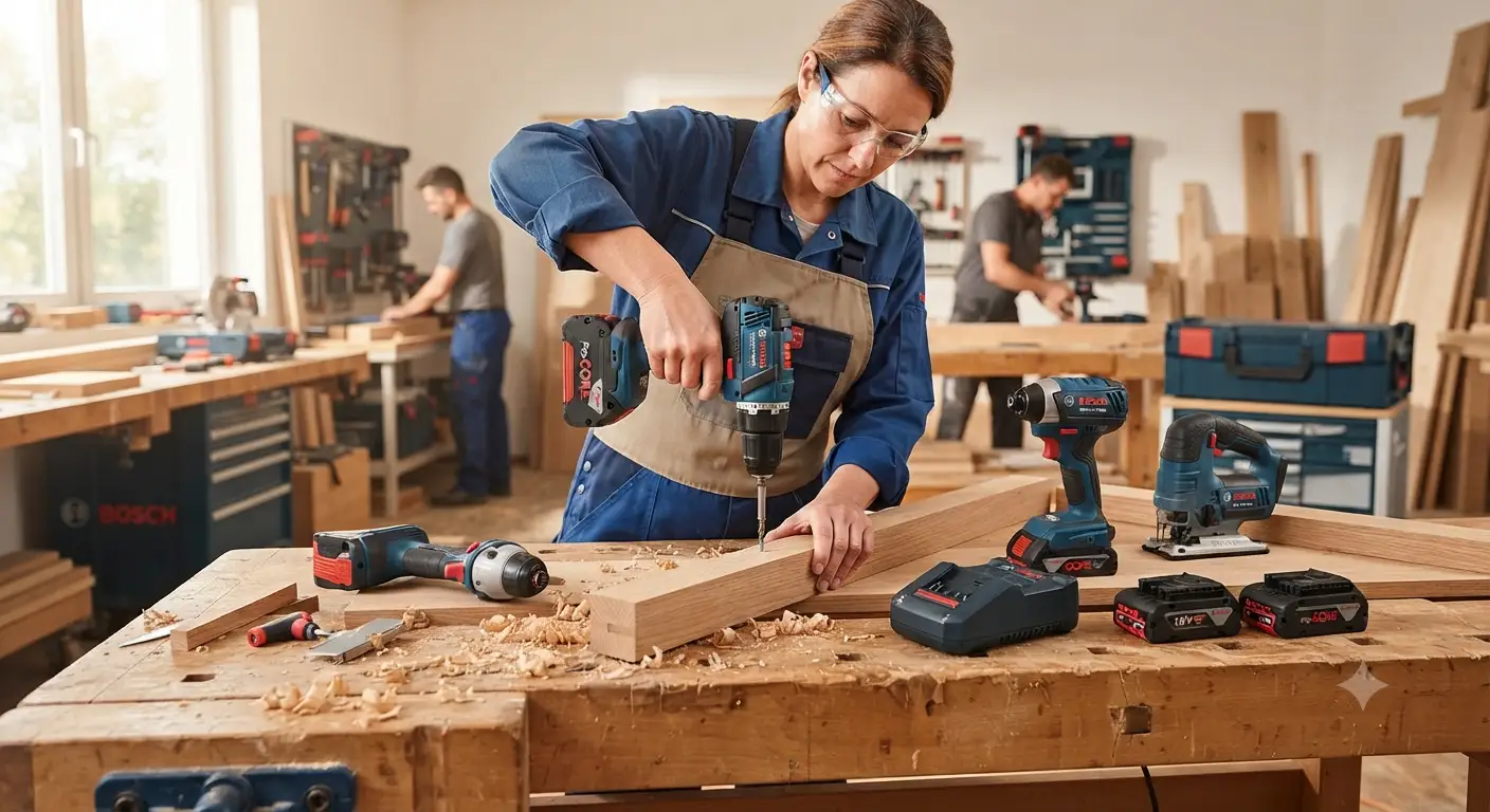Panoramica completa del sistema Bosch 18V con utensili a batteria professionali e caricabatterie in un ambiente di lavoro luminoso