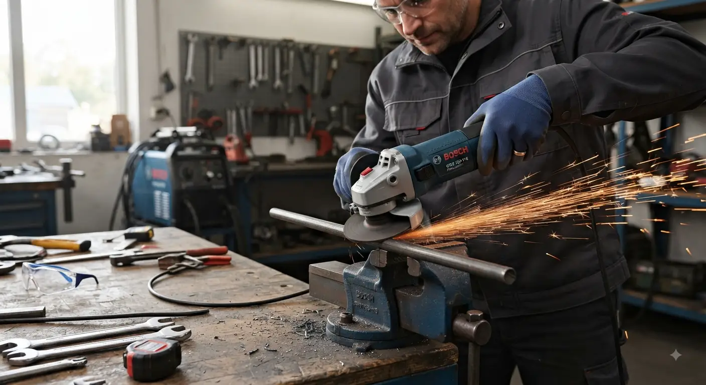 Smerigliatrice angolare Bosch Professional GWS 750-115 durante il taglio di una barra di metallo in un'officina, con scintille visibili e mano di un operatore.