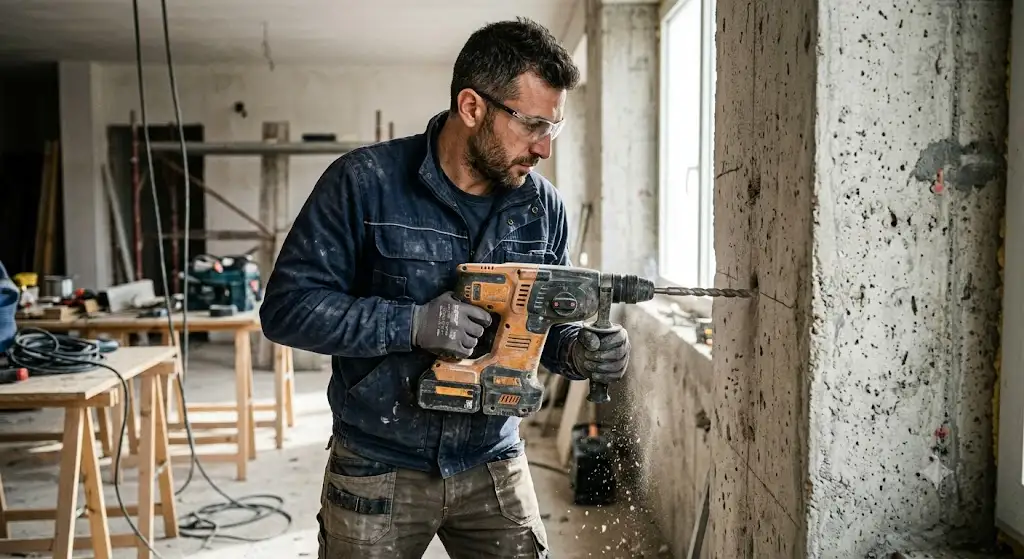 Artigiano che utilizza un tassellatore a batteria per forare una parete in cemento armato