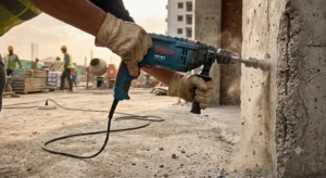 Potente trapano a percussione Bosch con cavo elettrico utilizzato in cantiere su calcestruzzo 

