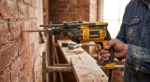 Trapano a percussione DeWalt professionale in funzione su parete in muratura