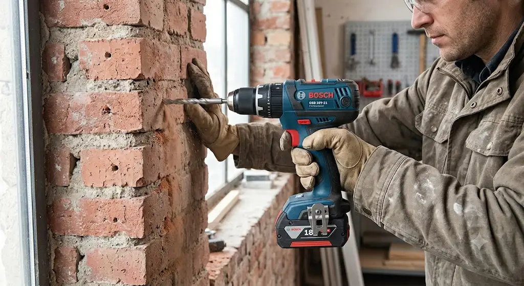 Trapano Bosch a batteria con funzione percussione impiegato per praticare fori su parete in muratura