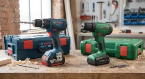 Confronto visivo tra la linea di trapani Bosch professionale blu e i modelli Bosch verde per il fai da te
