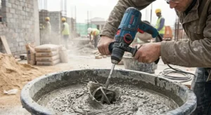 Trapano miscelatore Bosch ad alte prestazioni in azione durante la preparazione della malta in cantiere