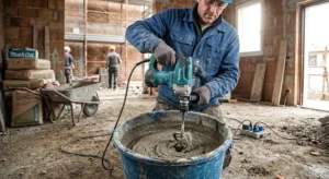 Trapano miscelatore Makita utilizzato per miscelare malta e vernice in cantiere