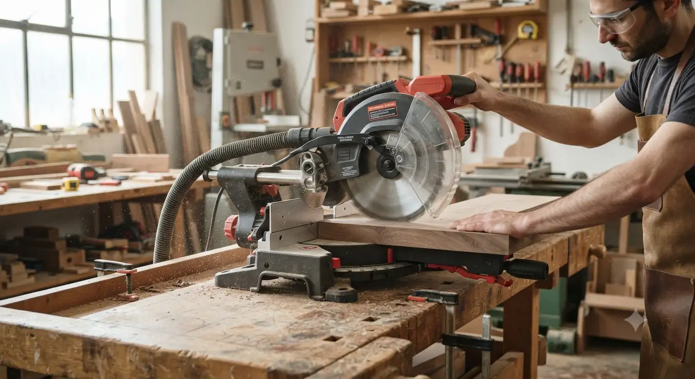 Troncatrice per legno professionale posizionata su un banco da lavoro in officina