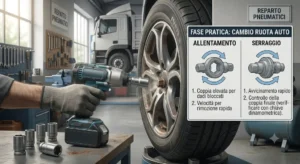 Disegno pratico che mostra l'utilizzo dell'avvitatore a impulsi per allentare e serrare i dadi delle ruote auto