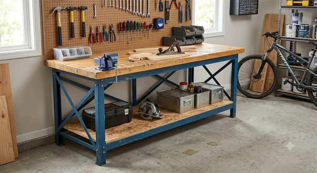Meilleur établi d'atelier petit budget en bois et métal installé dans un garage de bricoleur