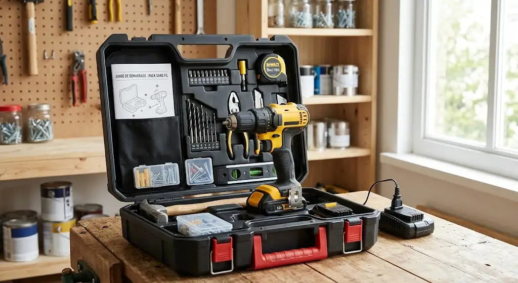 Sélection du meilleur pack d'outils sans fil débutantcomprenant une perceuse visseuse et des accessoires de bricolage.
