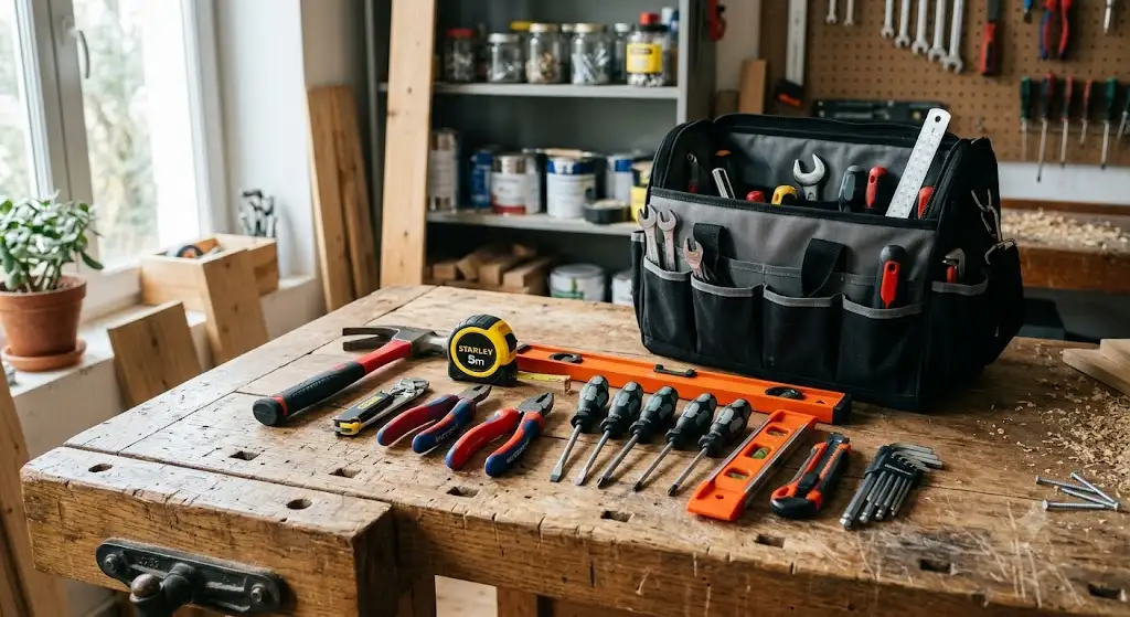 Kit d'outillage essentiel pour débuter le bricolage posé sur un établi en bois quels outils acheter en premier