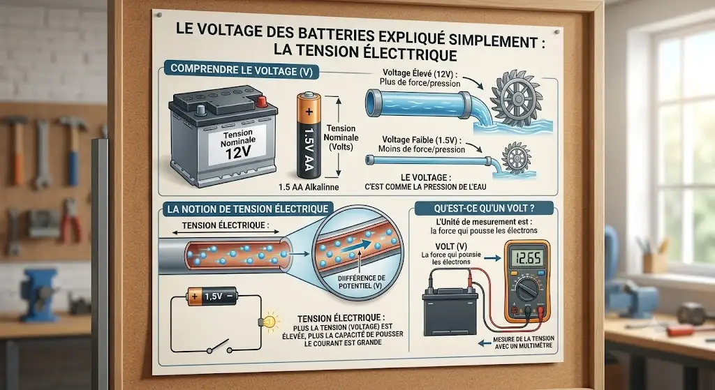 Schéma pédagogique sur le voltage des batteries expliqué simplement avec la notion de tension électrique en volts.