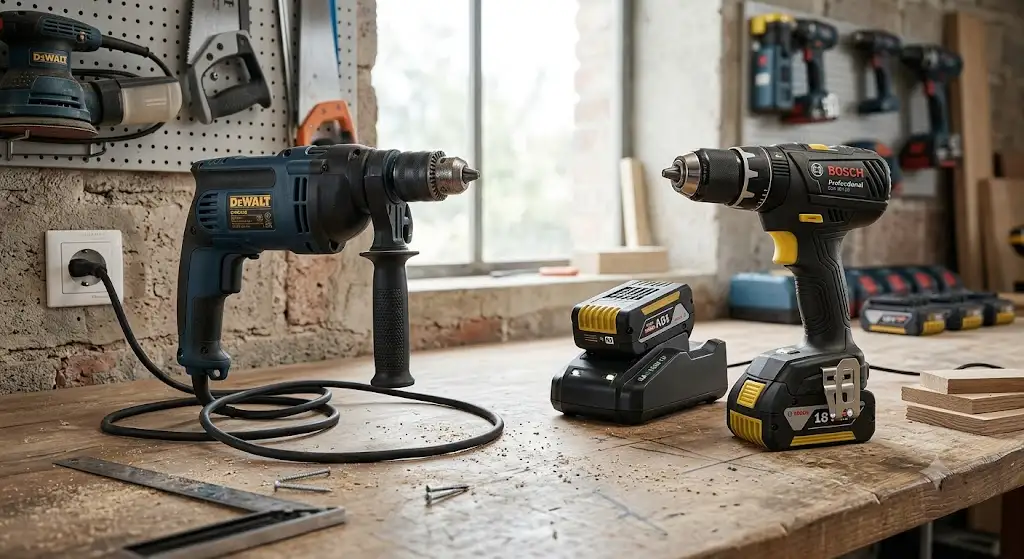 Comparatif visuel entre une perceuse filaire branchée sur secteur et un modèle sans fil à batterie pour bien choisir son outillage électroportatif. outil filaire ou sans fil que choisir