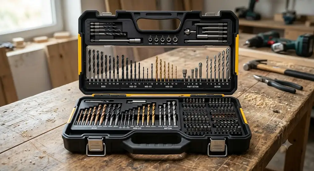 Coffret de forets et embouts assortis ouvert présentant les accessoires de perçage et vissage rangés dans leur boîte de transport