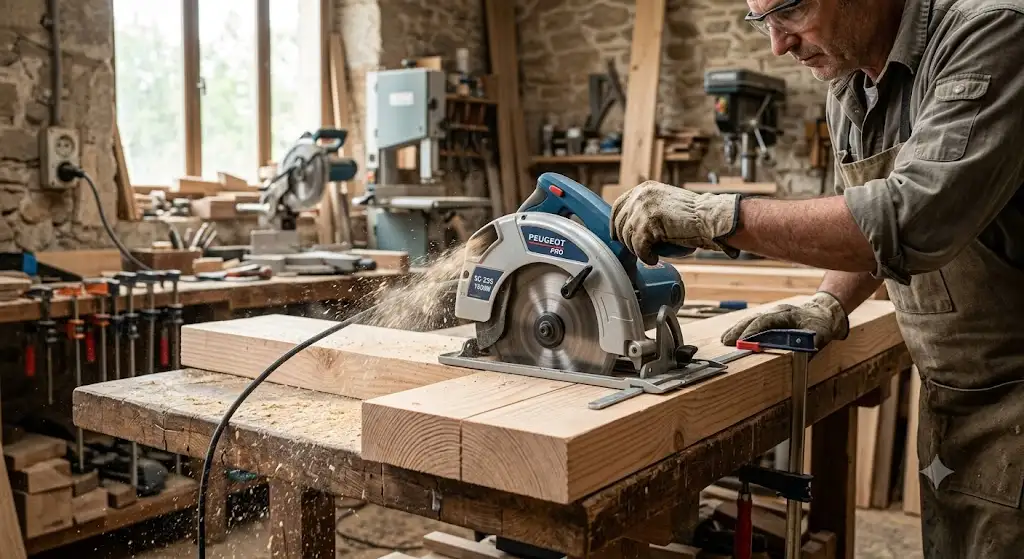 Scie circulaire filaire puissante réalisant une découpe précise sur une planche en bois dans un atelier