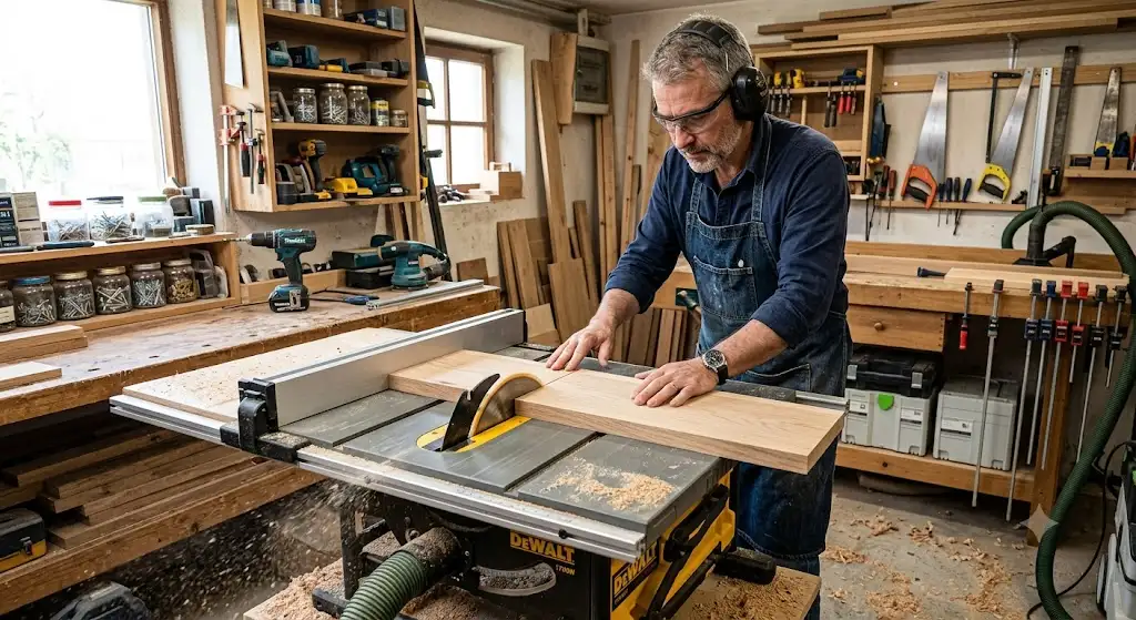 Menuisier utilisant une scie sur table avis dans son atelier de bricolage pour tester la précision de coupe.