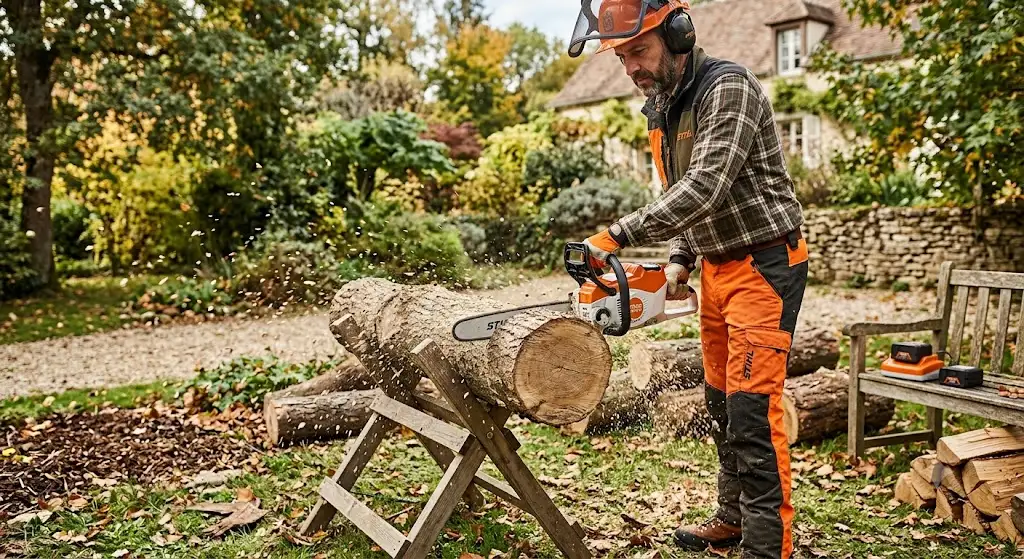 Test et avis sur une tronçonneuse sur batterie avis en pleine coupe d'une bûche de bois dans un jardin.
