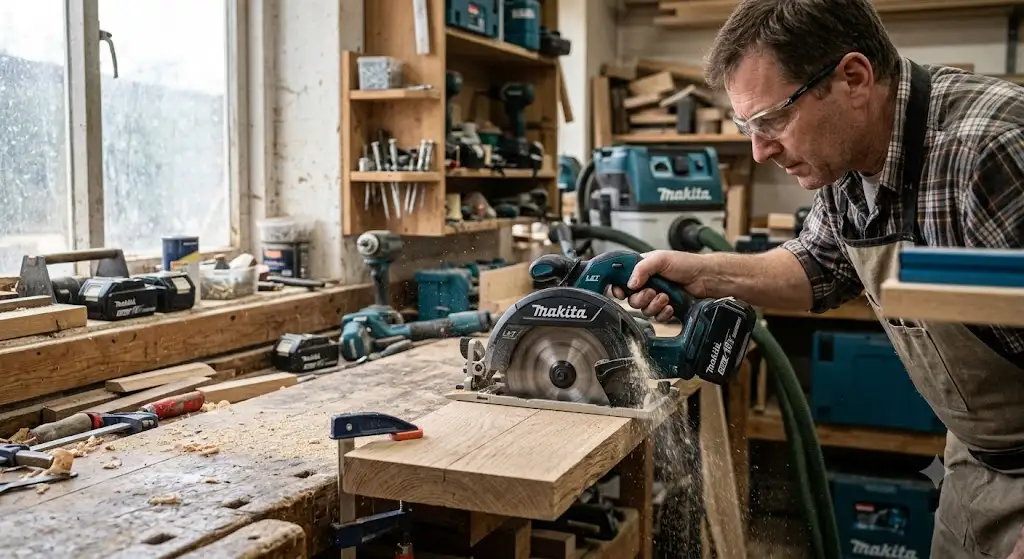 Test et avis sur une scie circulaire sans fil Makita utilisée pour découper une planche en bois d'atelier. (scie makita avis)