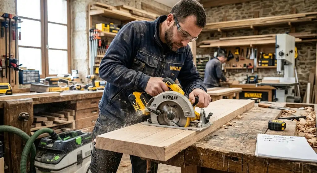 Test et avis complet sur la scie circulaire sans fil DeWalt 18V en atelier de menuiserie. (scie dewalt avis)