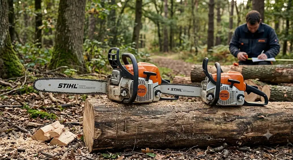 tronçonneuse stihl avis posée sur une bûche de bois lors d'un test complet pour avis.
