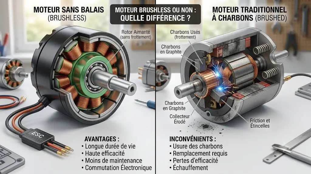 Moteur brushless ou non quelle différence : schéma anatomique comparant un moteur sans balais et un moteur traditionnel à charbons