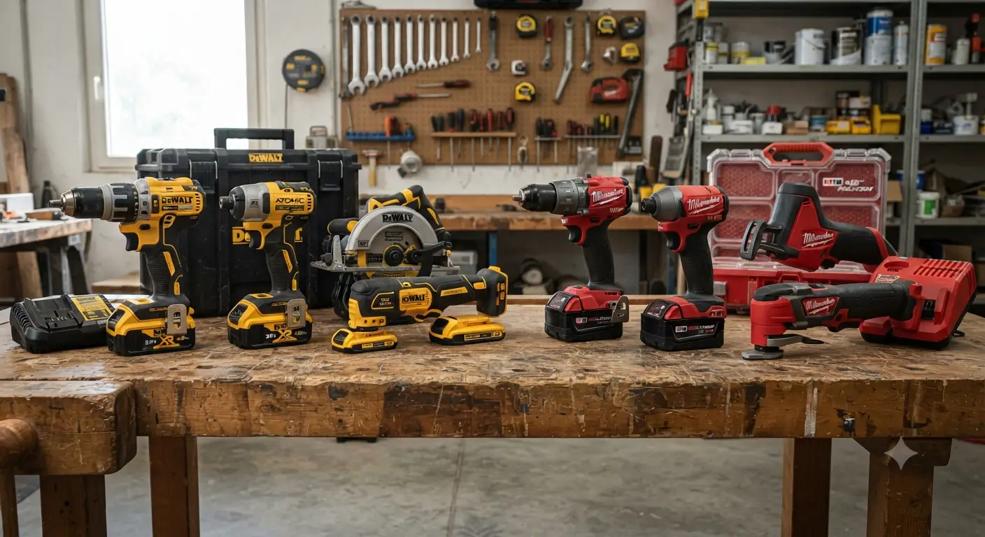 Confronto generale tra utensili a batteria DeWalt e Milwaukee disposti su un banco da lavoro