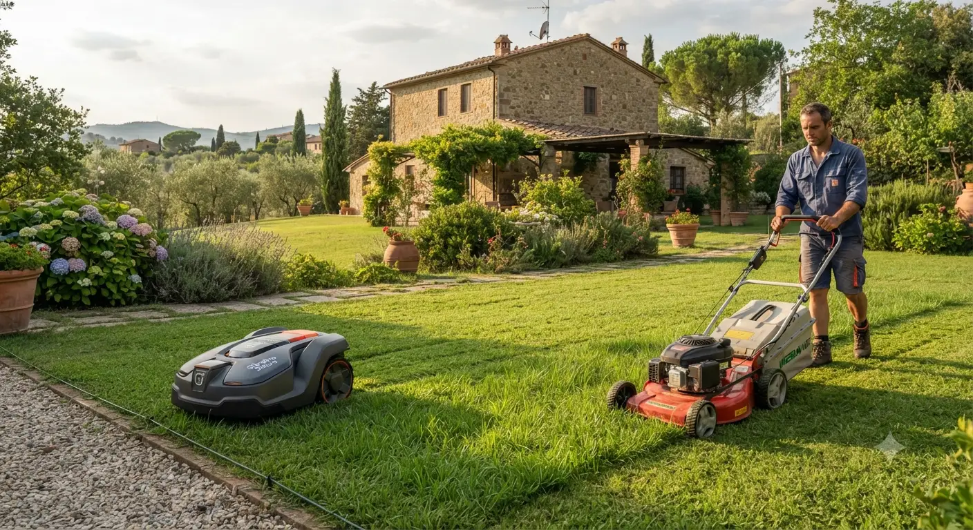 Confronto visivo tra robot tagliaerba autonomo e tagliaerba tradizionale a benzina in un giardino italiano