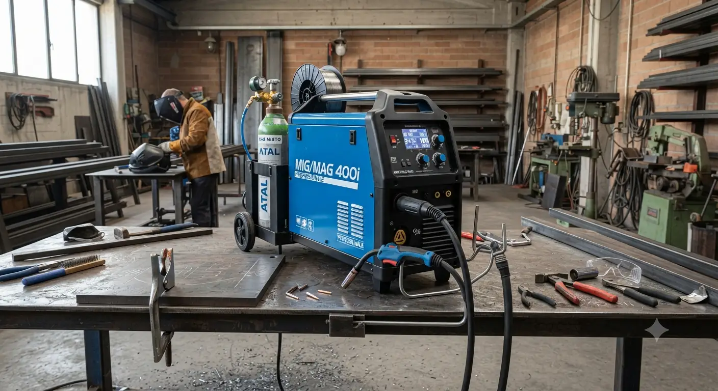 Saldatrice a filo MIG MAG professionale in officina pronta per lavorazioni su acciaio