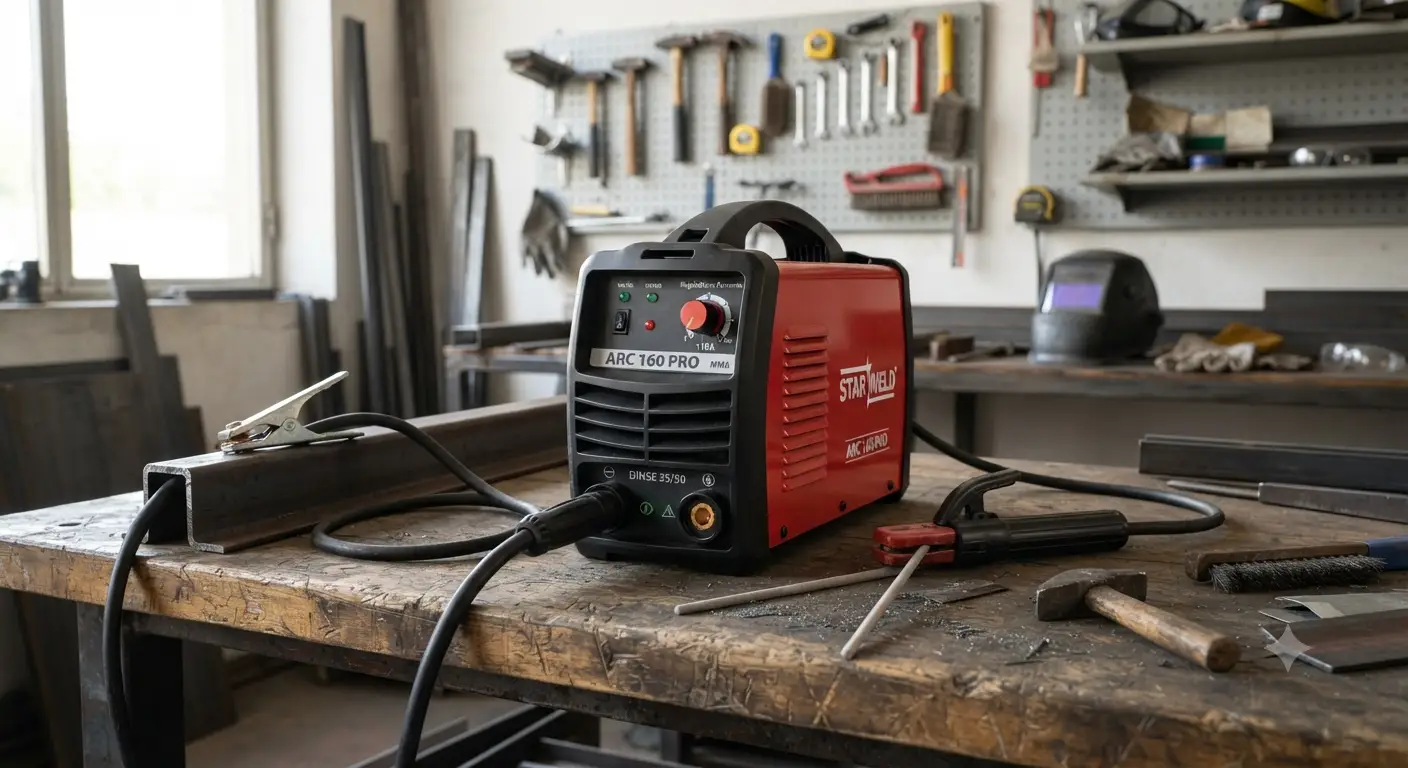 Saldatrice inverter MMA portatile poggiata su un banco da lavoro in officina.