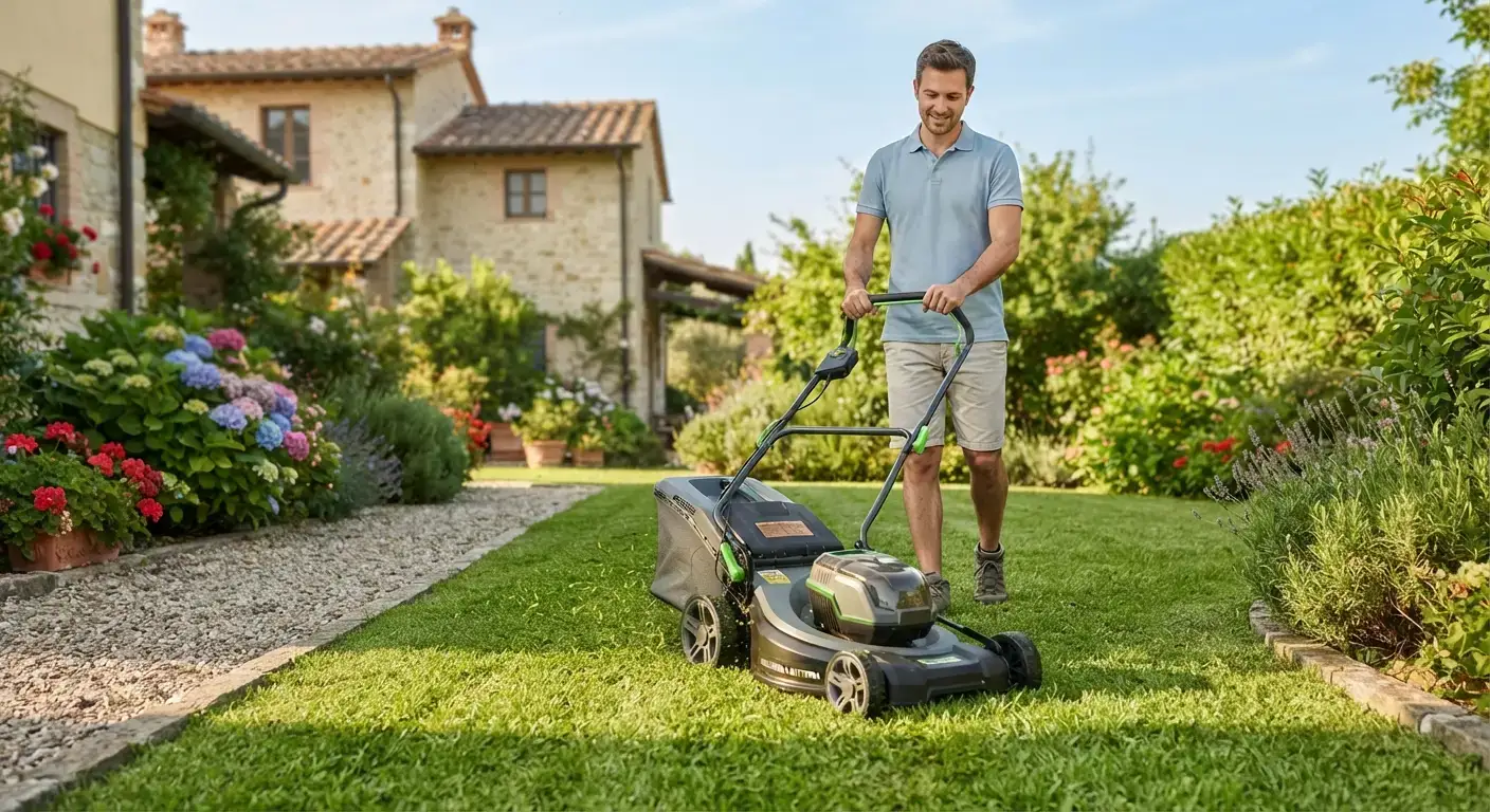Tagliaerba a batteria efficiente in funzione su un prato verde ben curato in un giardino residenziale