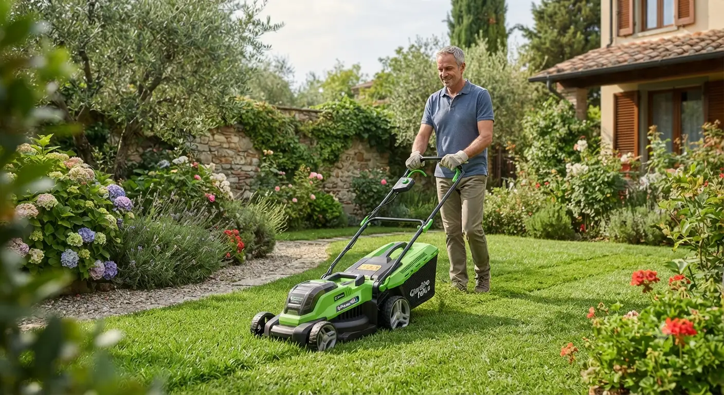 Tagliaerba elettrico in azione su un prato verde curato con utensili da giardino elettrici
