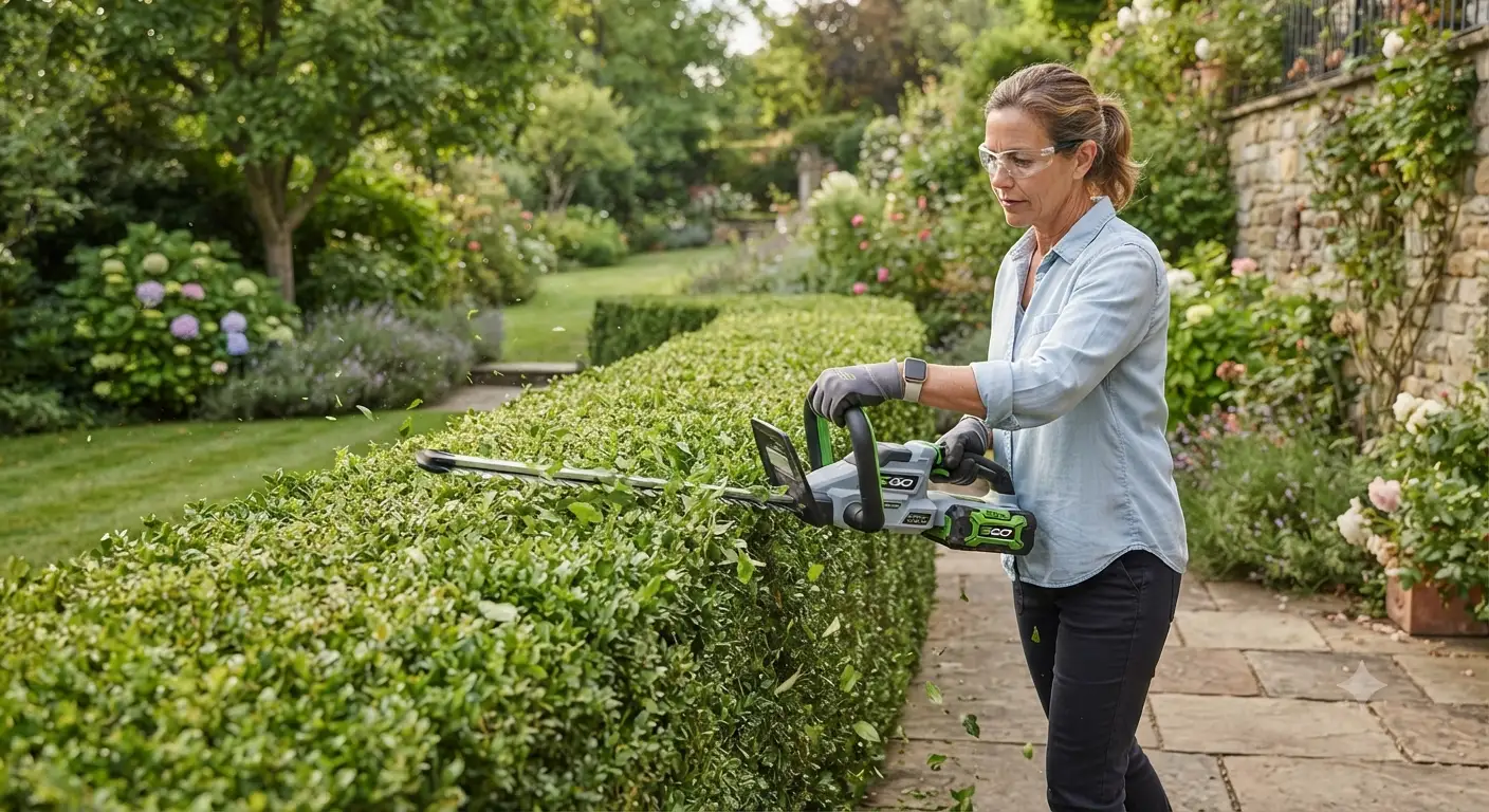 Tagliasiepi a batteria in uso per la manutenzione e la cura delle siepi in un giardino residenziale.