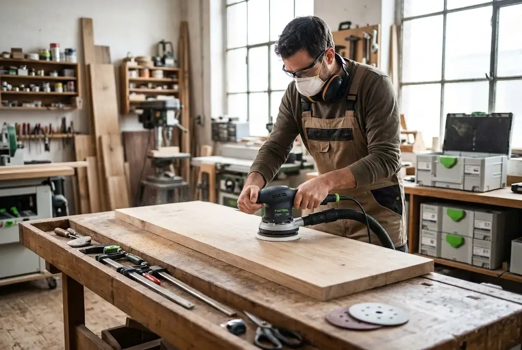 Test et avis sur une ponceuse Festool avis excentrique en action sur un établi de menuiserie.