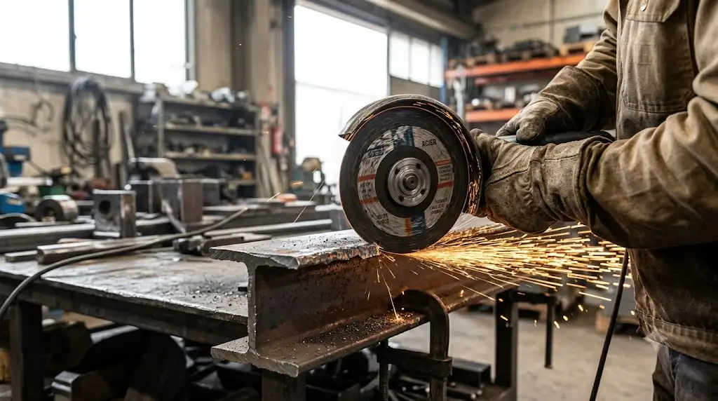 Disque à meuler l'acier monté sur une meuleuse d'angle pour l'ébavurage d'une pièce métallique dans un atelier.