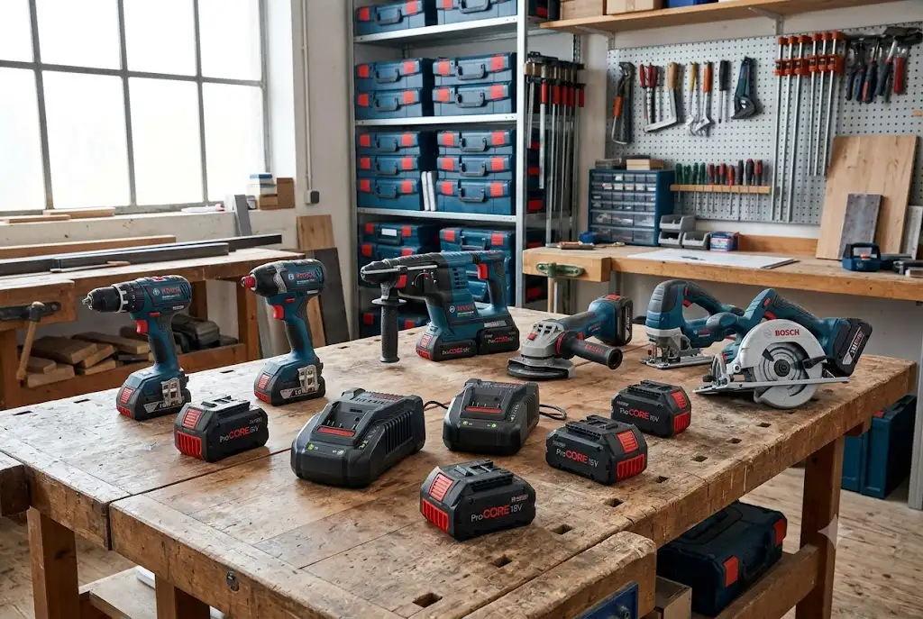 Présentation de la plateforme Bosch 18V avec batterie ProCORE et gamme complète d'outils électroportatifs sans fil dans un atelier
