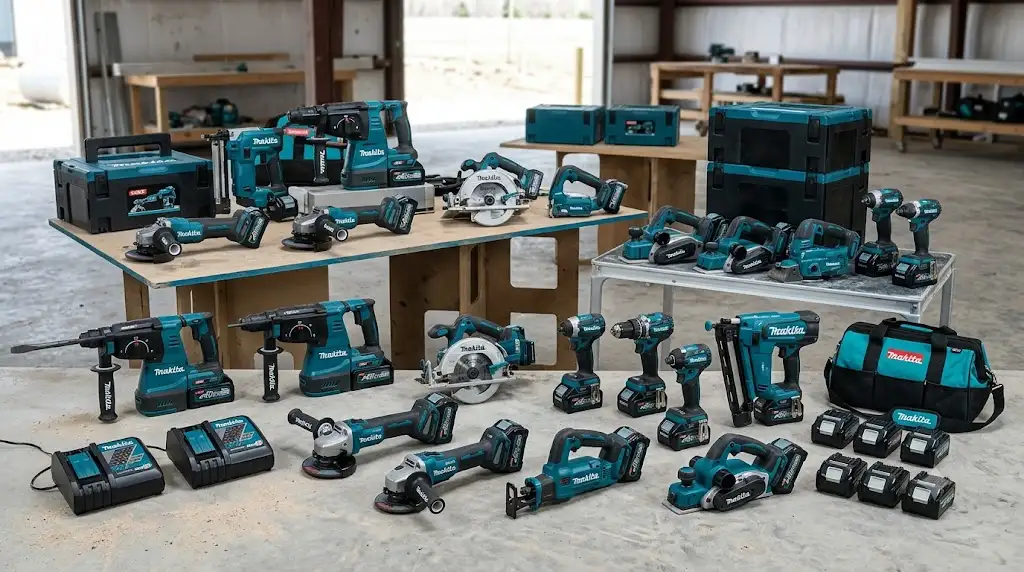 Vue d'ensemble de la plateforme Makita XGT 40V avec sa gamme complète d'outils électroportatifs professionnels pour le bâtiment