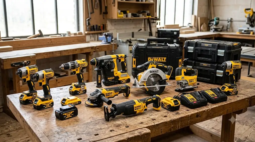 Vue d'ensemble de la gamme complète d'outils électroportatifs sans fil de la plateforme DeWalt XR 18V dans un atelier professionnel.