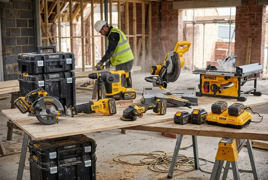 Vue d'ensemble de la gamme d'outils électroportatifs sur la plateforme DeWalt FlexVolt 54V pour les professionnels du bâtiment.
