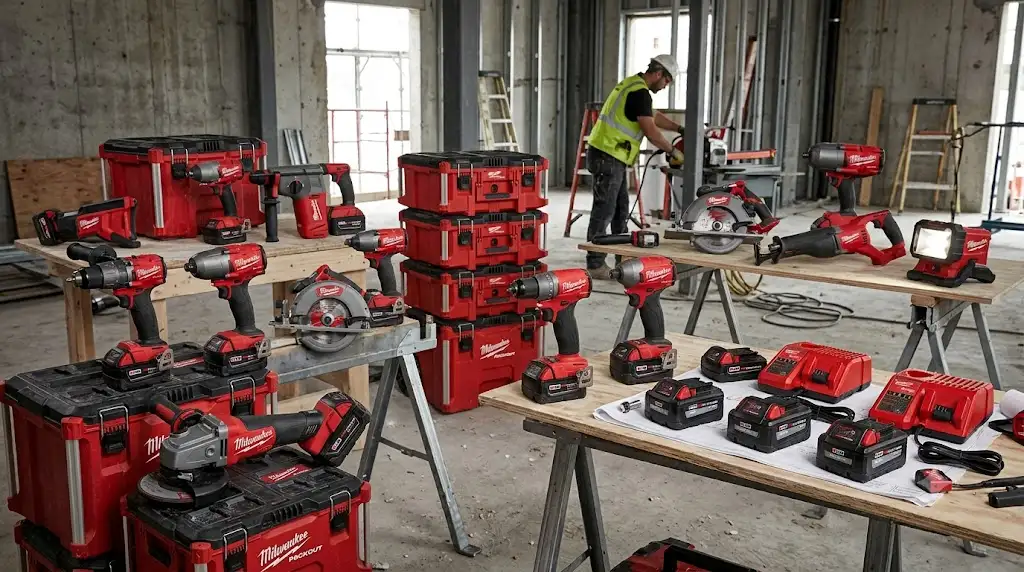 Vue d'ensemble des outils électroportatifs sans fil de la plateforme Milwaukee M18 sur un chantier