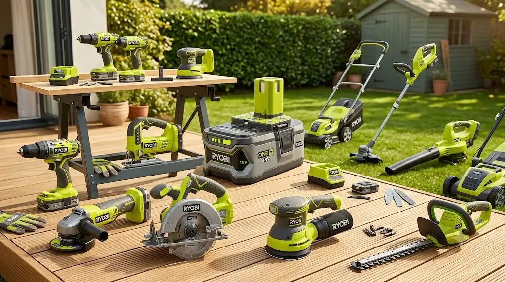 Vue d'ensemble de la plateforme Ryobi ONE+ 18V avec outils sans fil de bricolage et de jardinage disposés autour d'une batterie interchangeable